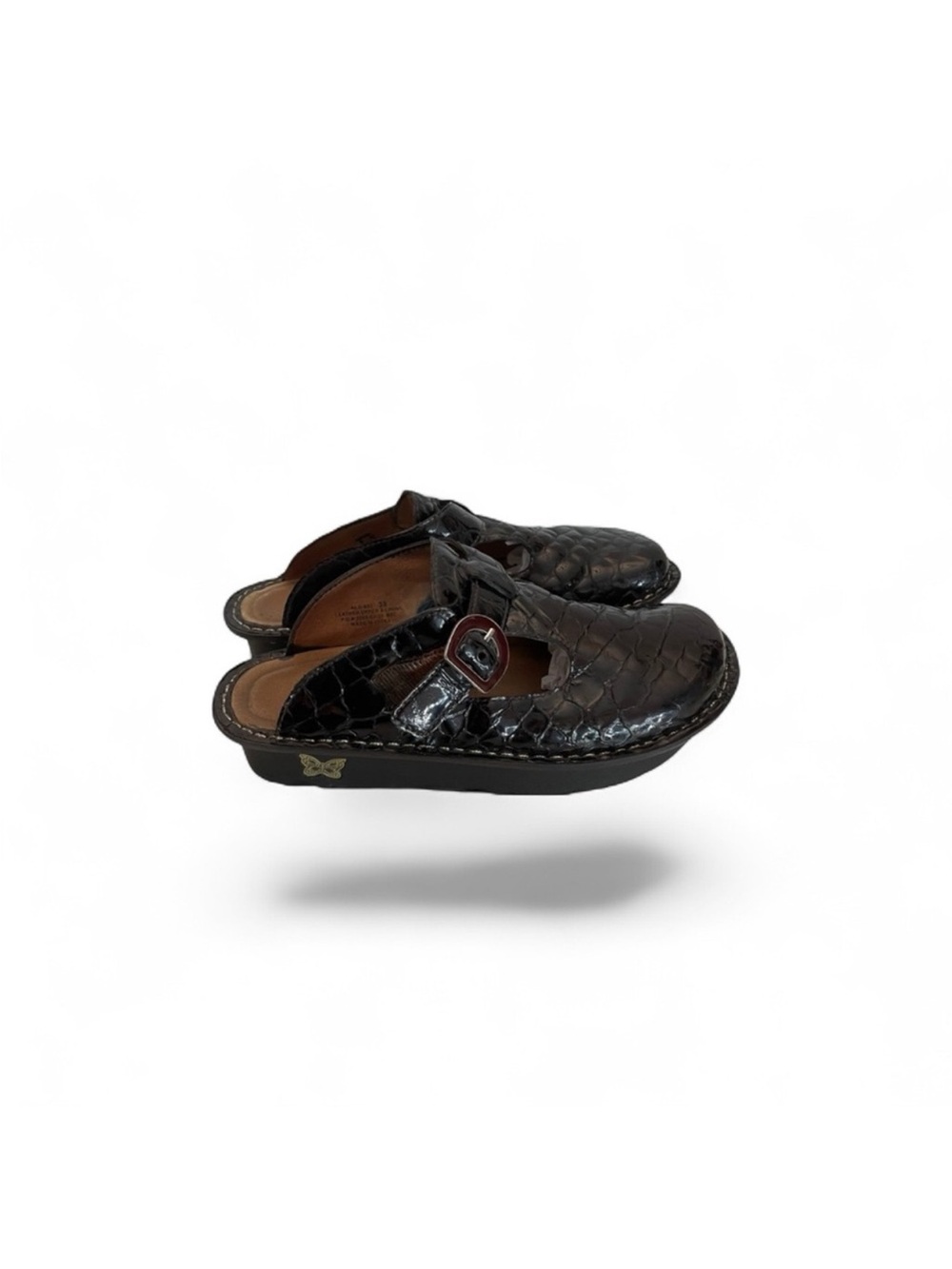 Alegria bohemian slip on black reptile print leather clog comfort shoe size 38